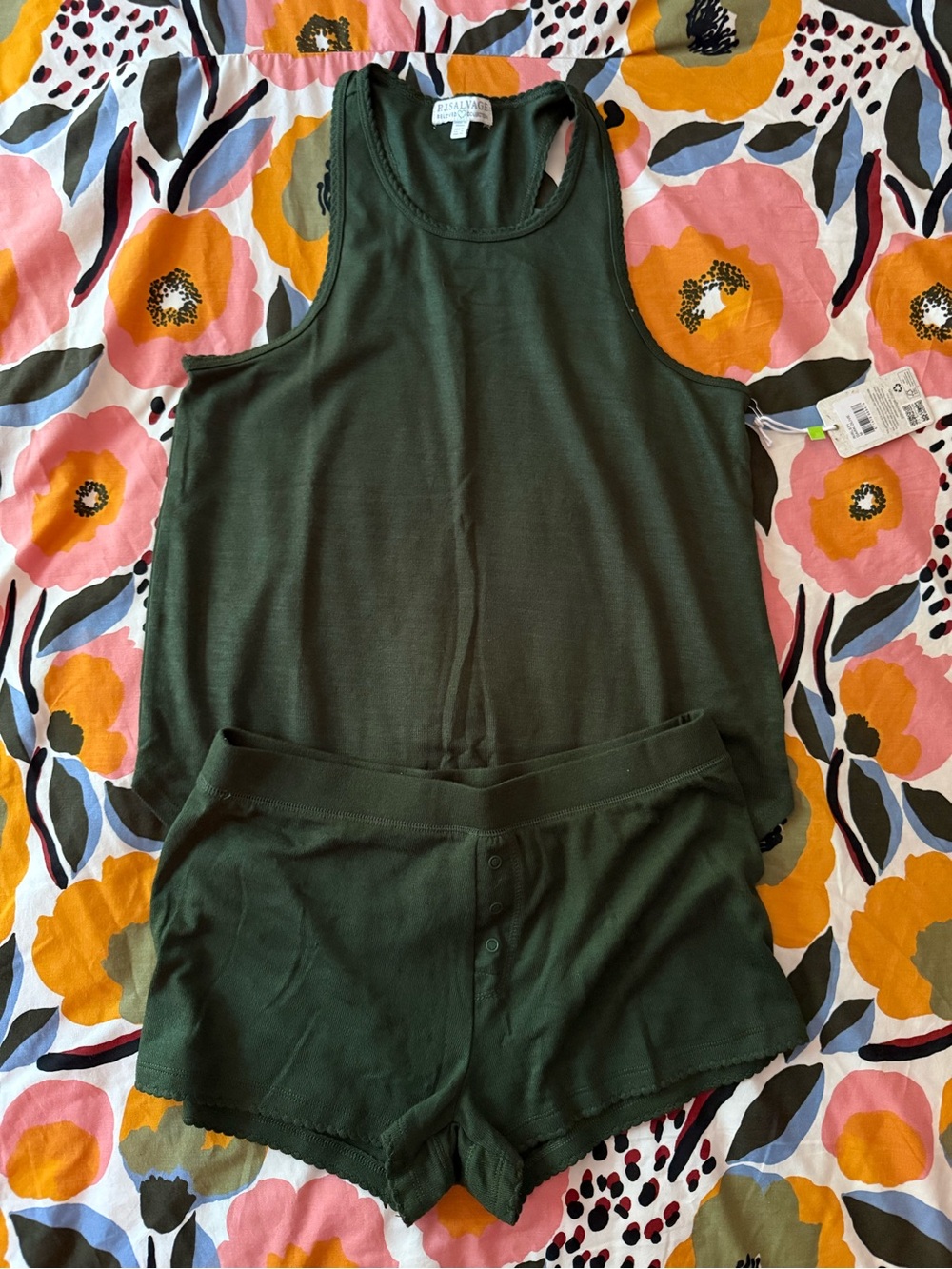 PJ Salvage Dark Green Ribbed Tank and Shorts Pajama Set (M)